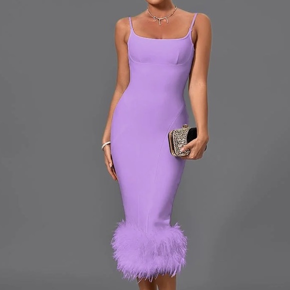 Private Label Runway Dresses & Skirts - Elegant Deep Lavender Bandage Body-Con Midi Dress with Feather Detail.  NWT.